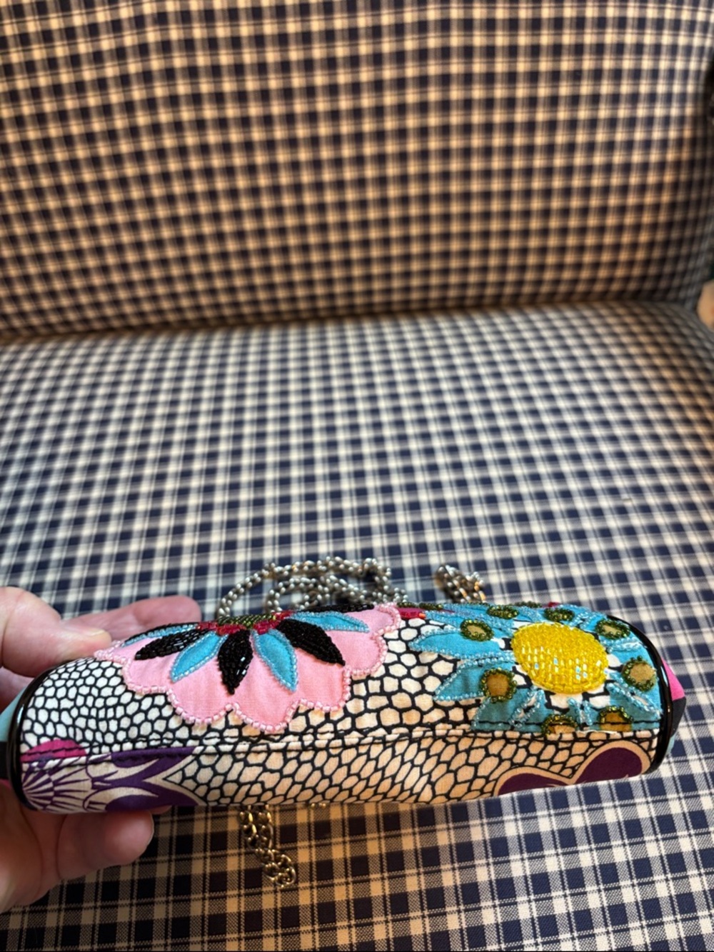 Isabella Fiore Pink Floral Embroidered and bedazzled Clutch with silver Chain - Picture 7 of 13
